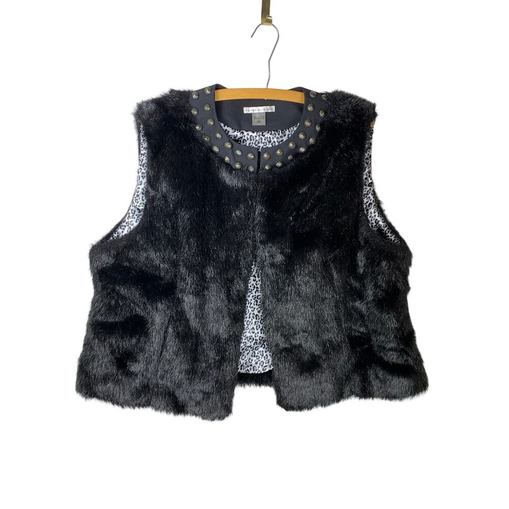 Peter Nygard Black Faux Fur Vest Size XL Studded Glam